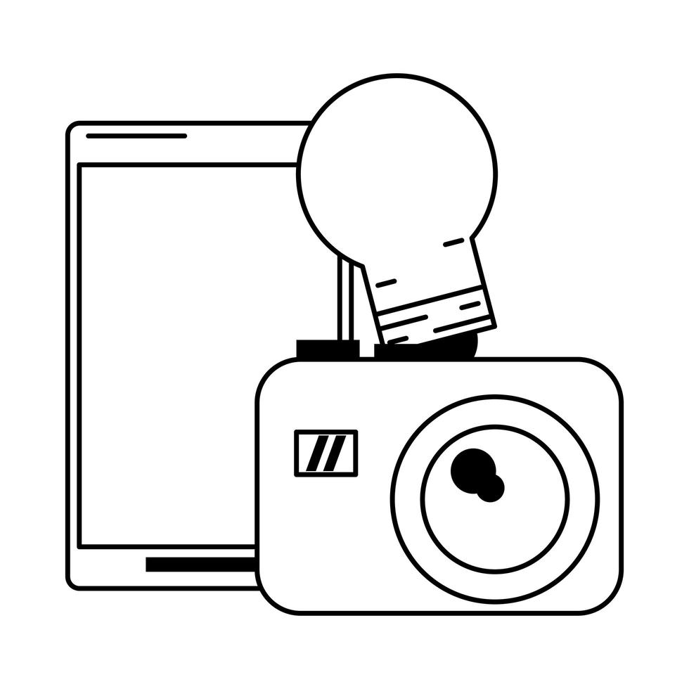 cellphone with light bulb and camera black and white vector