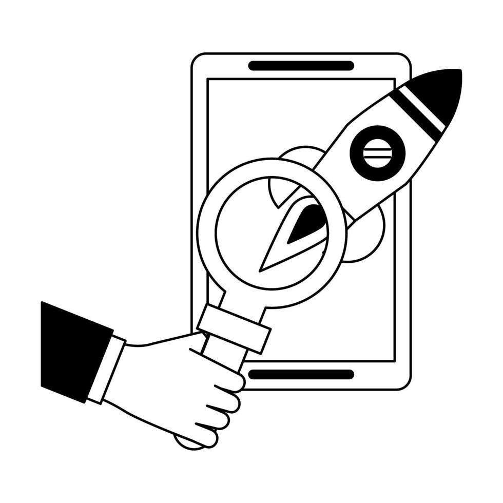 tablet with rocket and magnifying glass in black and white vector