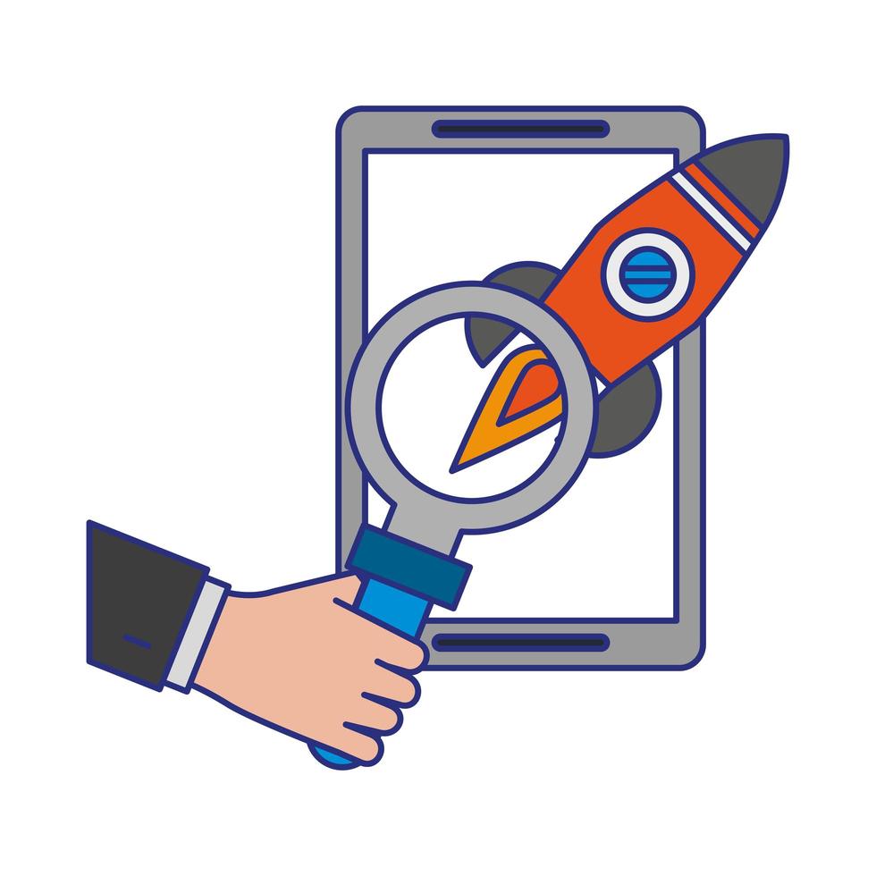 tablet with rocket and magnifying glass vector