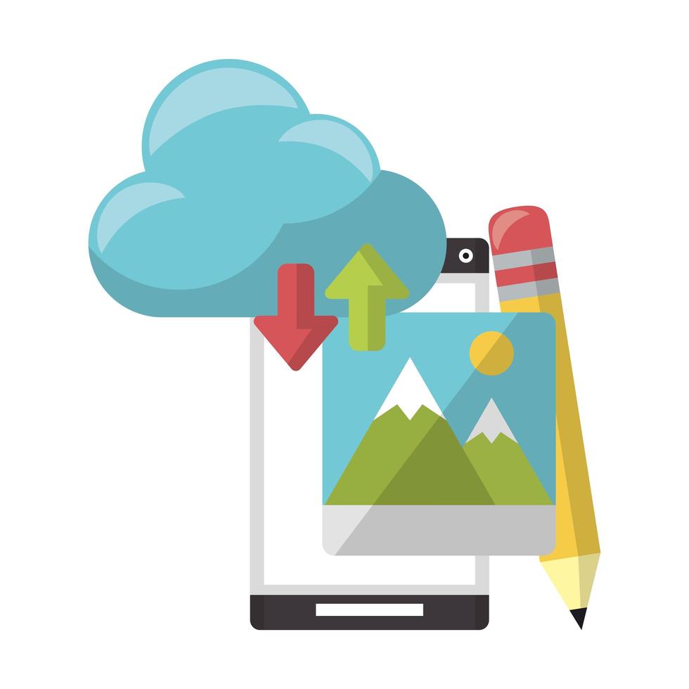 cellphone with cloud transfer pencil vector