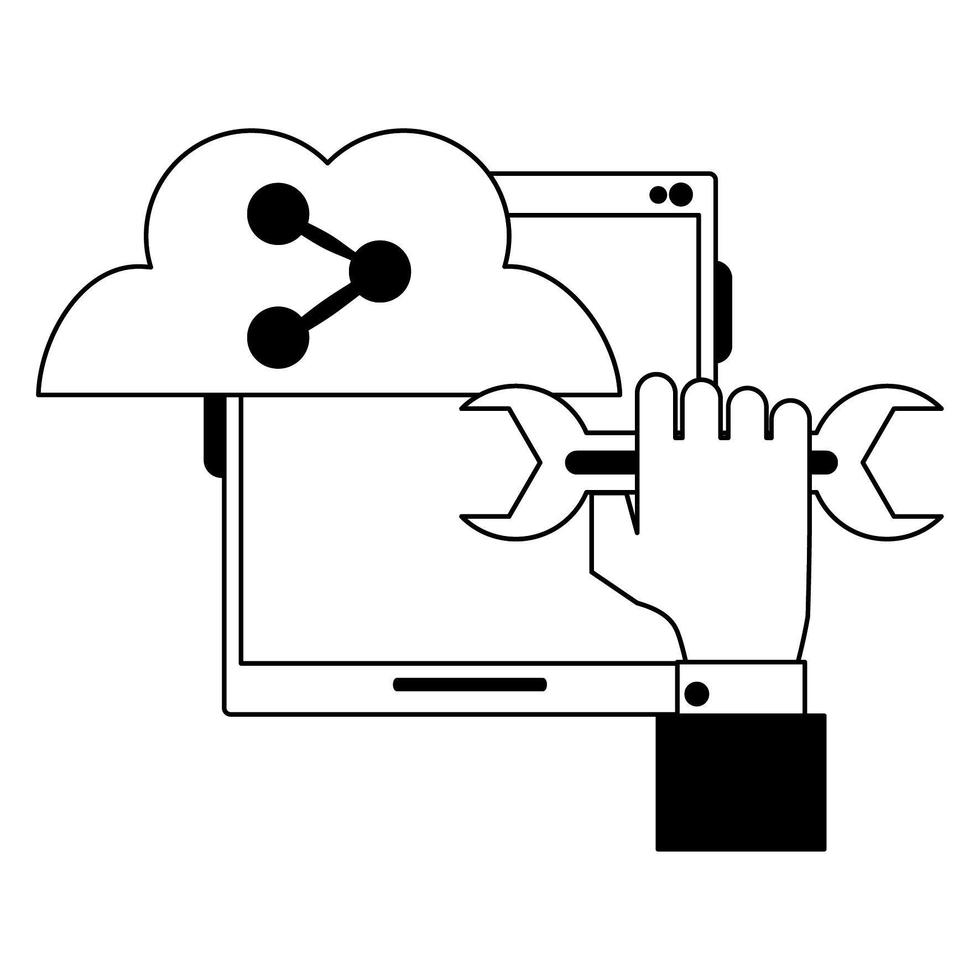 tablet with sharing cloud and wrench in black and white vector