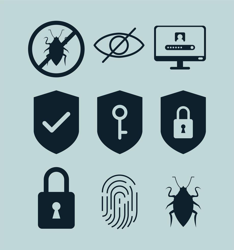 nueve iconos de seguridad cibernética vector