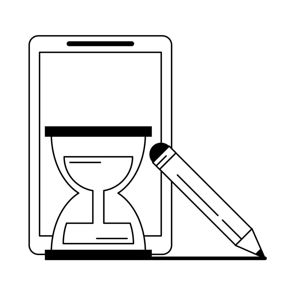 tablet with hourglass and pencil in black and white vector