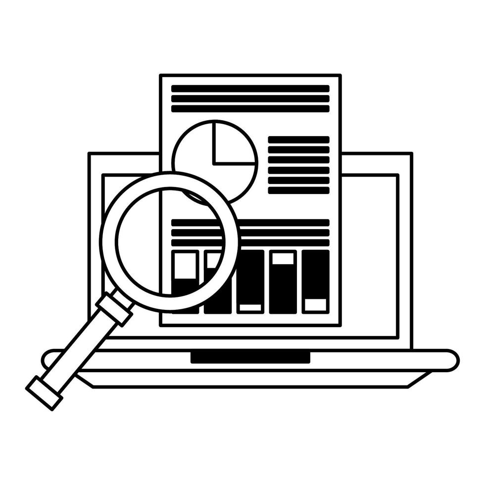 computer with magnifying glass and document in black and white vector