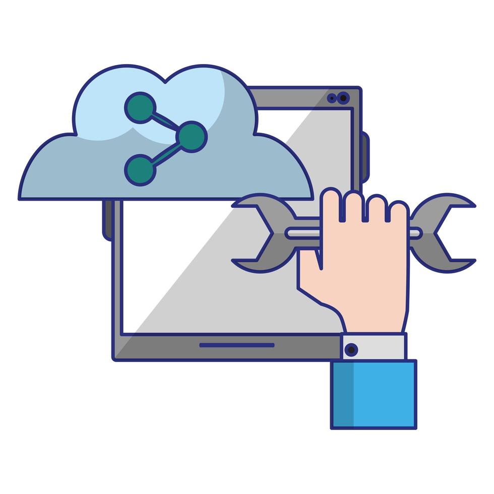 tablet with sharing cloud and wrench vector