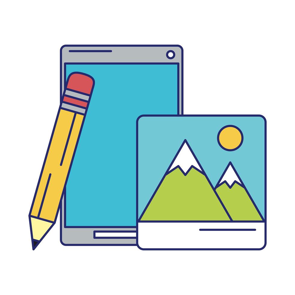 cellphone with pencil and mountain picture blue lines vector