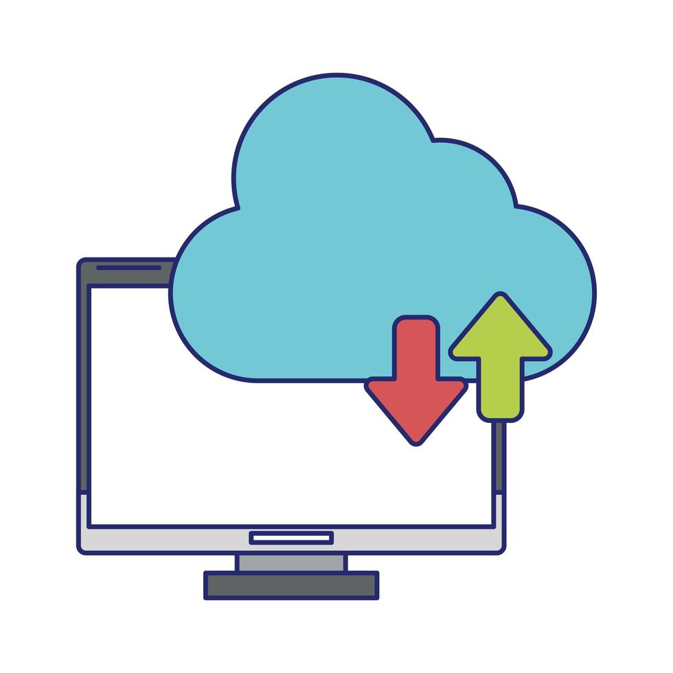 computer with cloud tranfer symbol blue lines vector