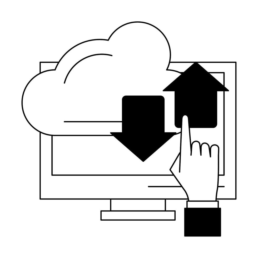 computer and cloud transfer sign in black and white vector