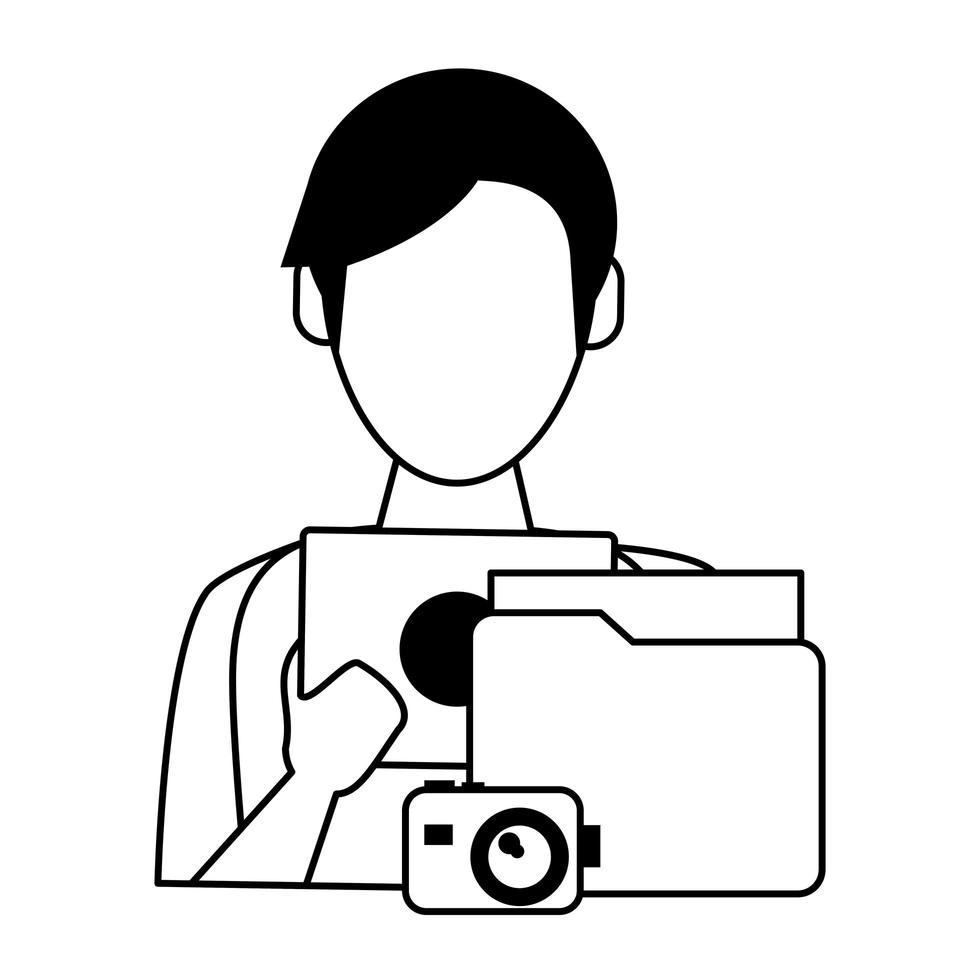 man using tablet with documents and camera vector