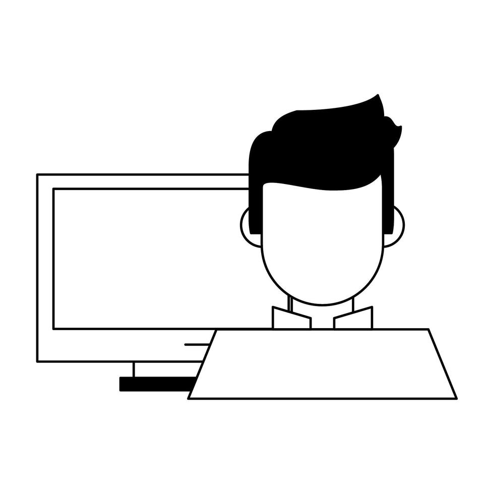 computadora y un hombre en blanco y negro vector