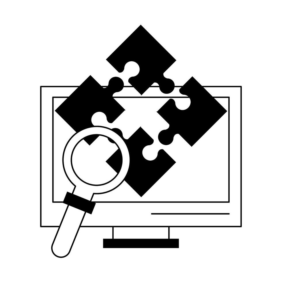 computer puzzle and magnifying glass in black and white vector