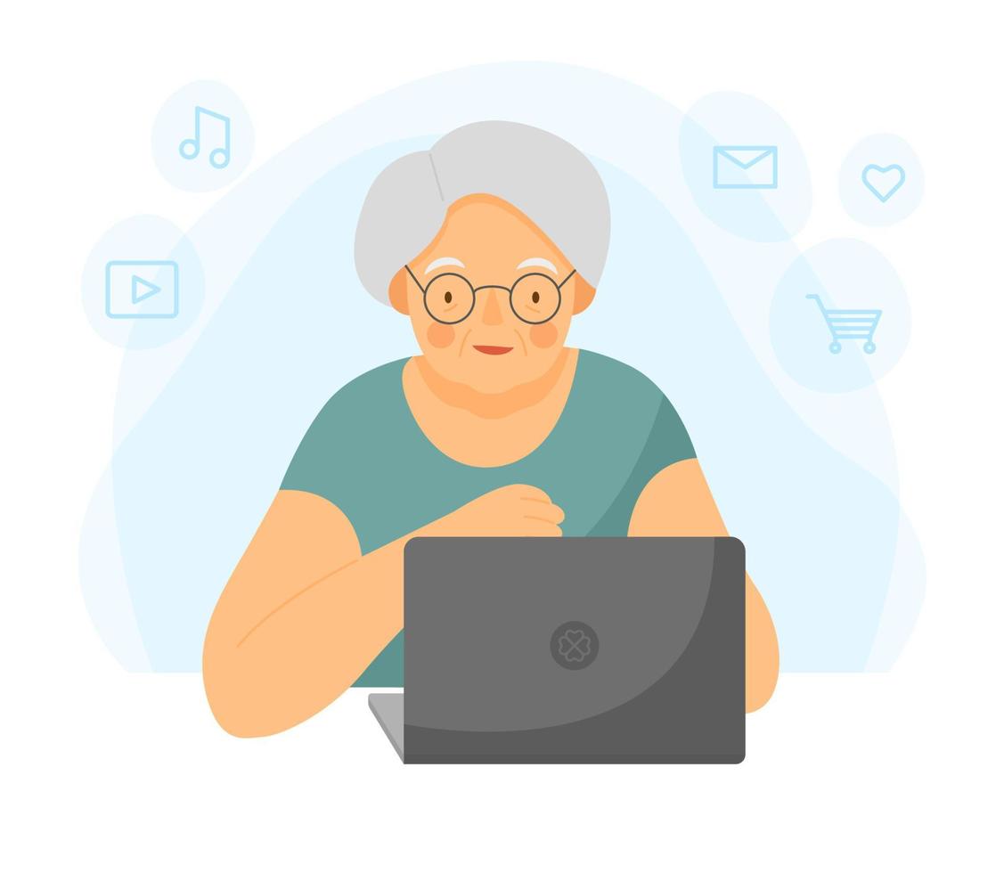 Happy grandmother with laptop. An old woman is working on a laptop. Grandma is sitting at the computer. vector