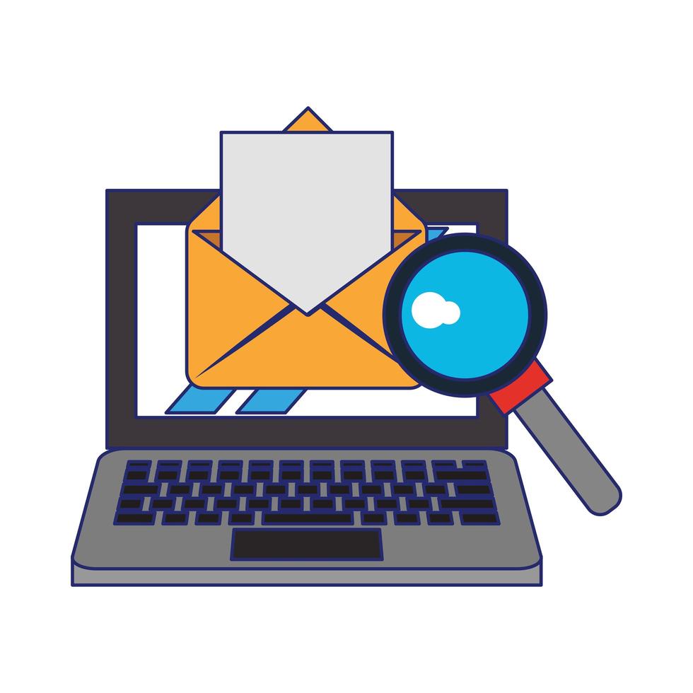 computer with magnifying glass and document blue lines vector