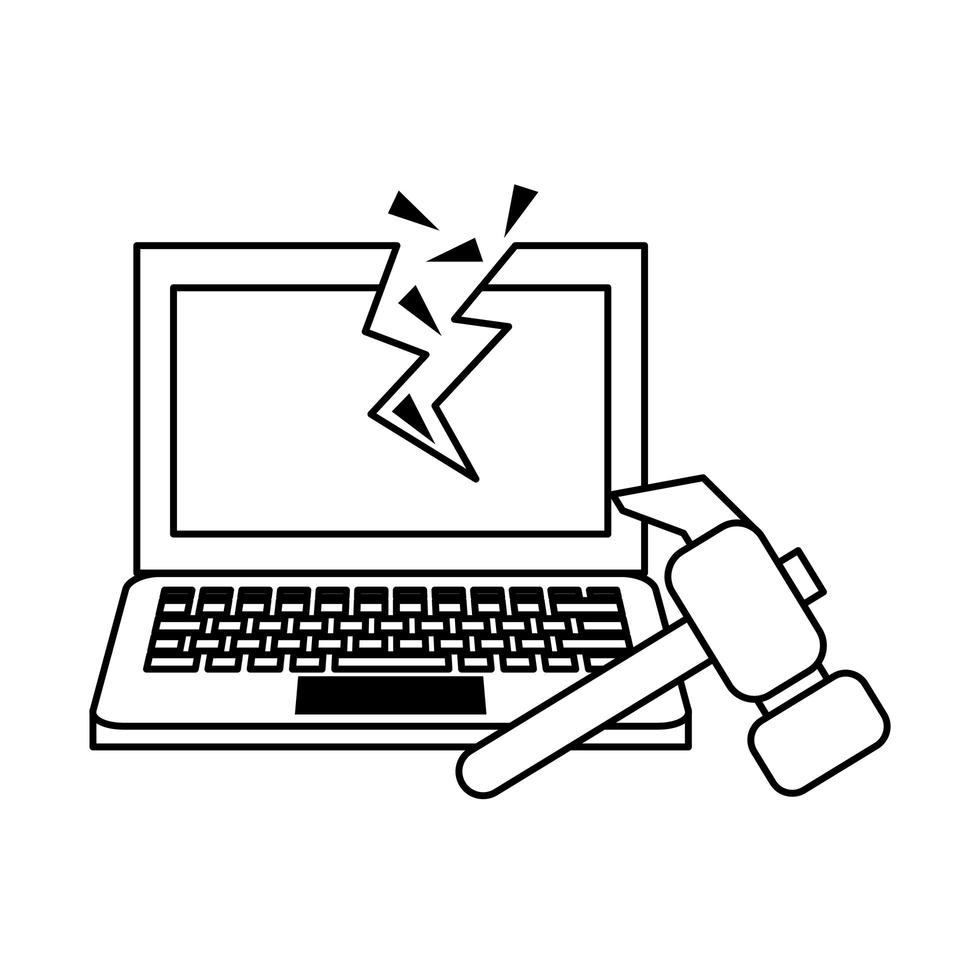 Laptop broken with hammer black and white vector