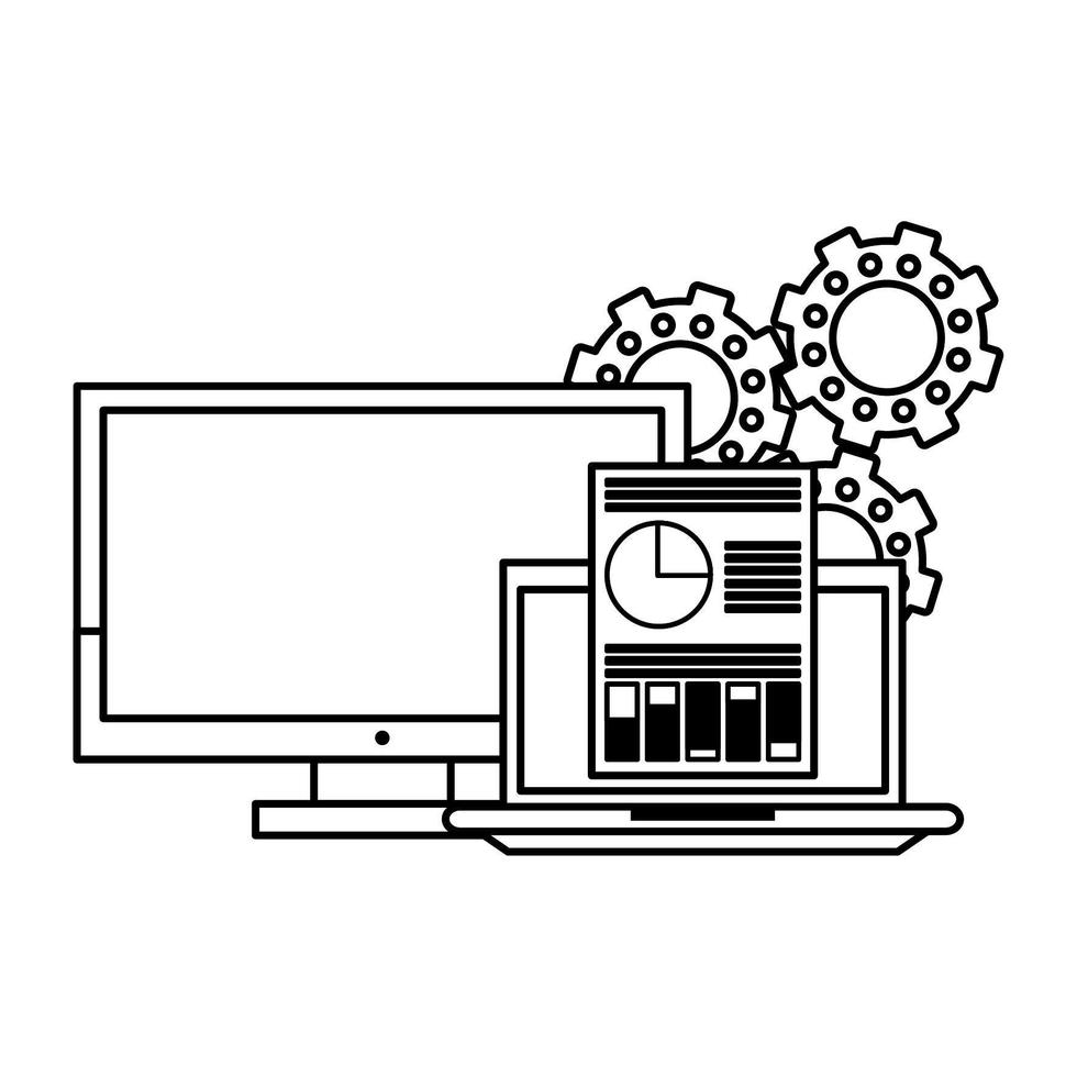 computer with documents and gears in black and white vector