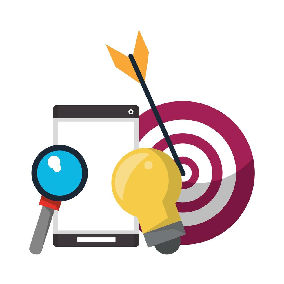 cellphone with light bulb magnifying glass and target vector