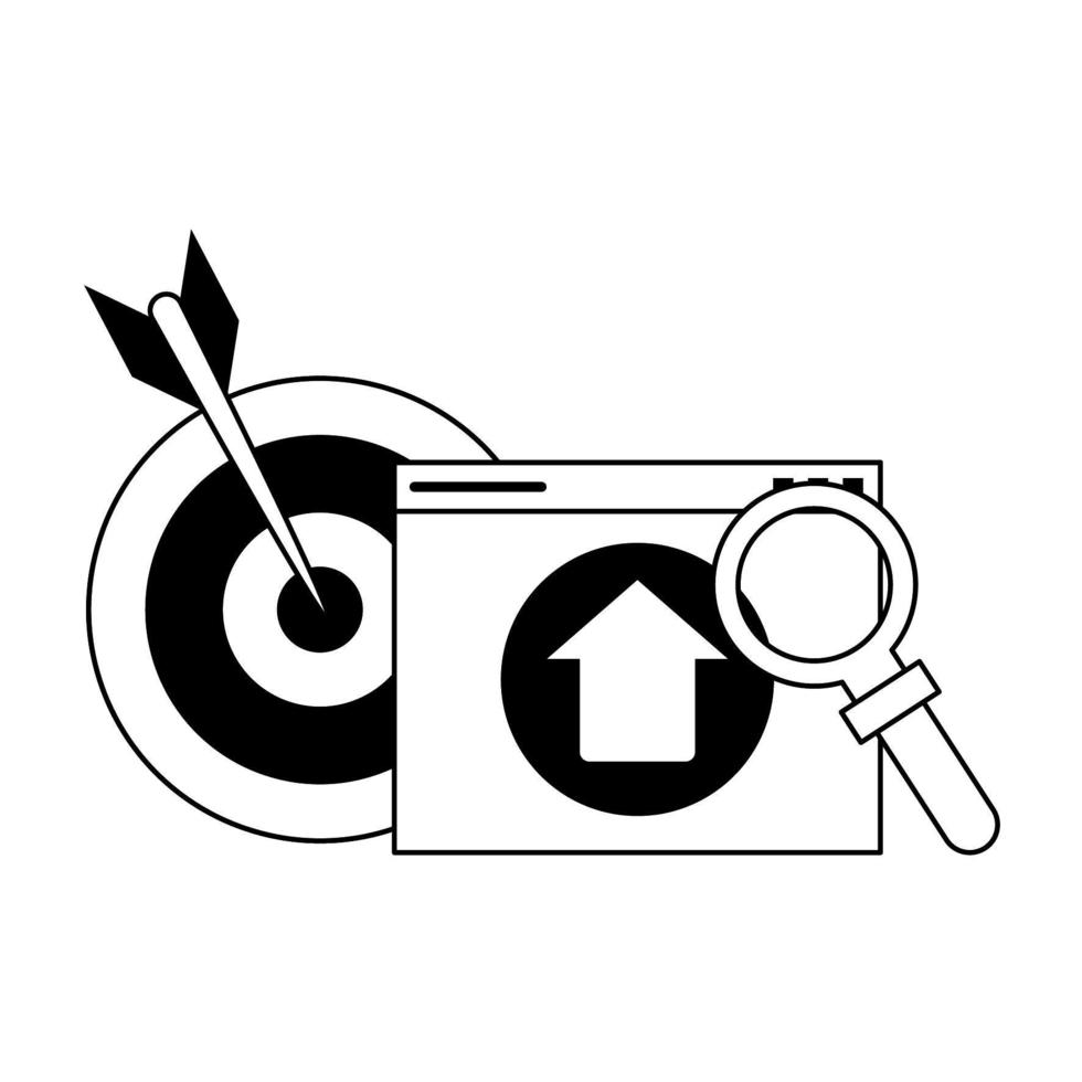target upload and magnifying glass in black and white vector