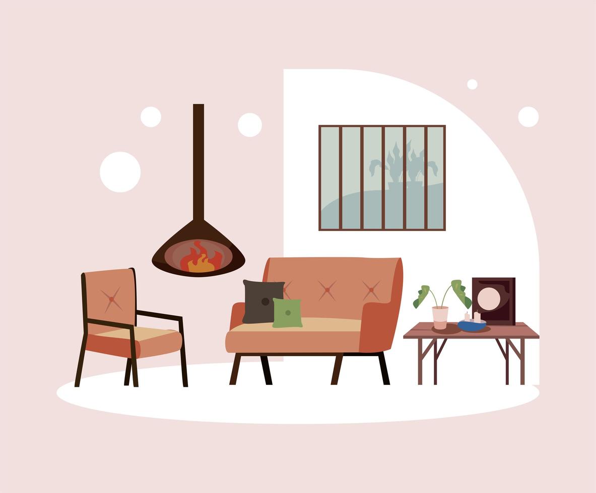 silla de casa y sofá con chimenea vector