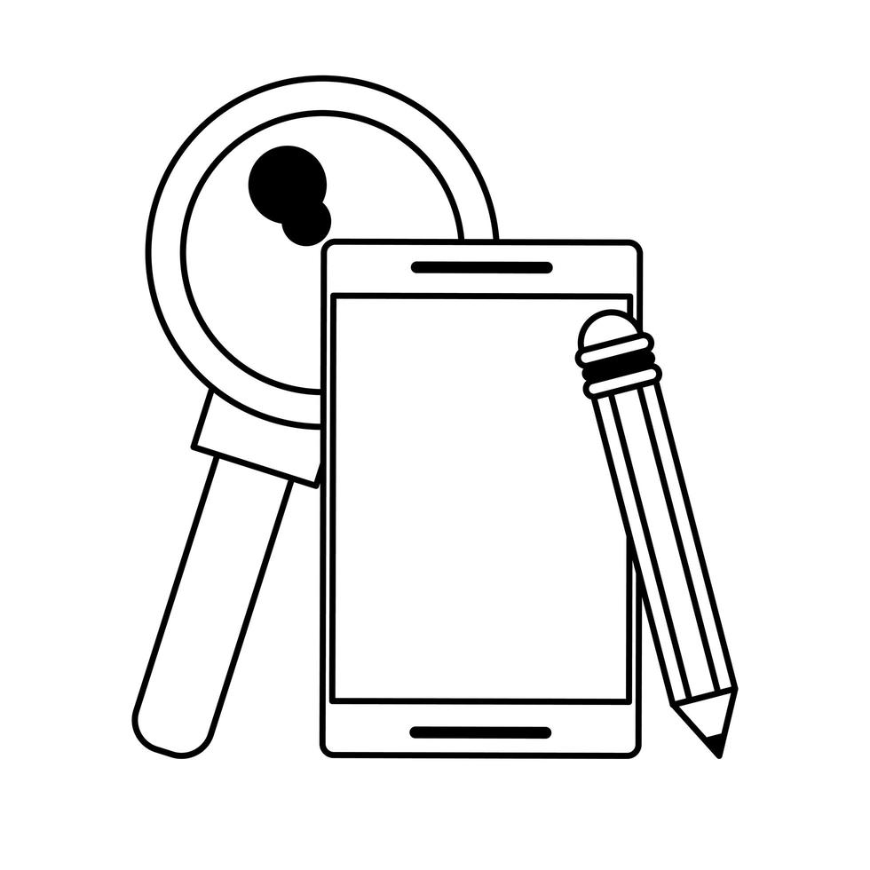 cellphone with pencil and magnifying glass vector