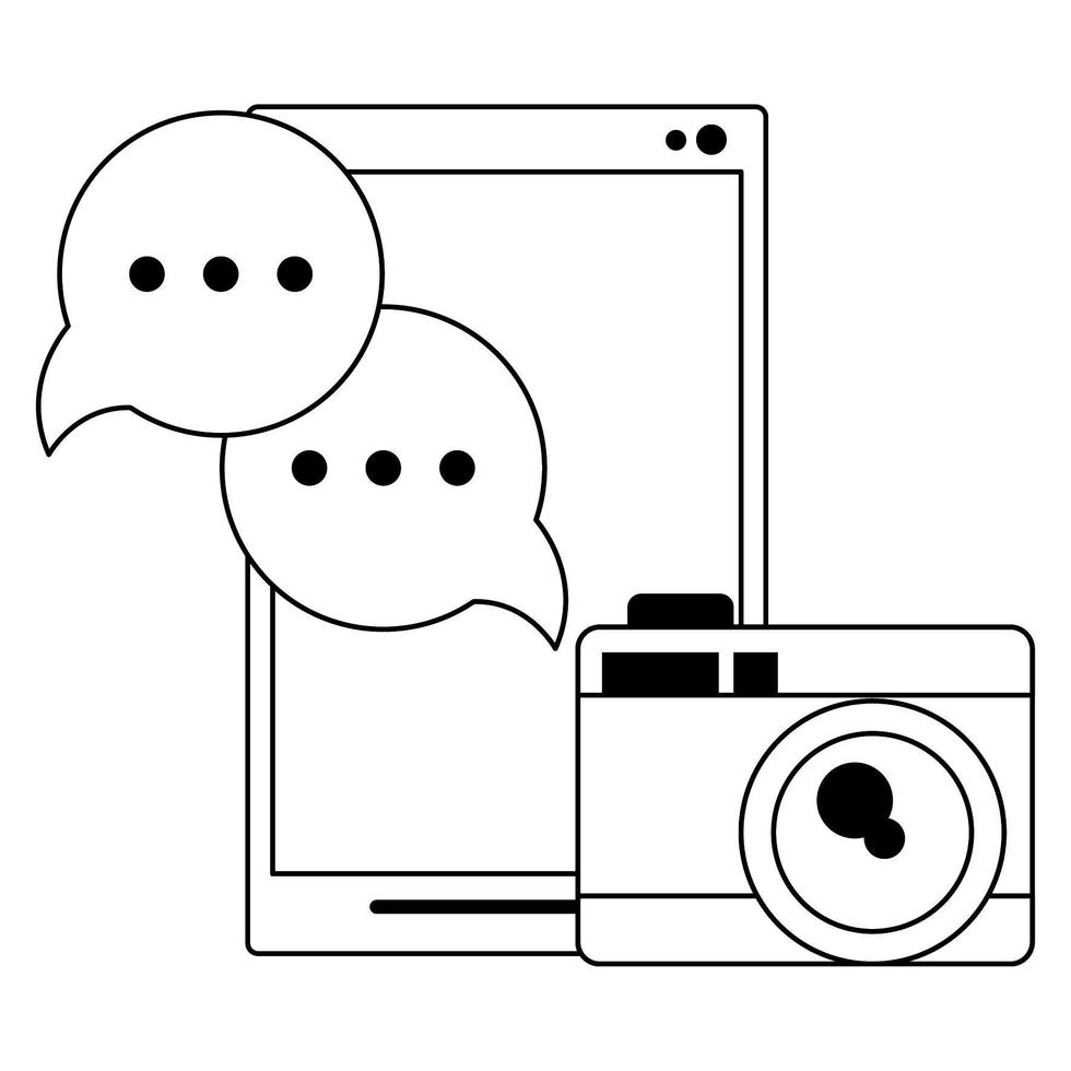 cellphone with camera and speech bubble in black and white vector