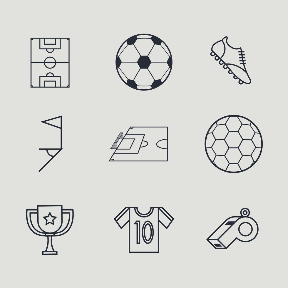 nueve iconos de línea de fútbol vector