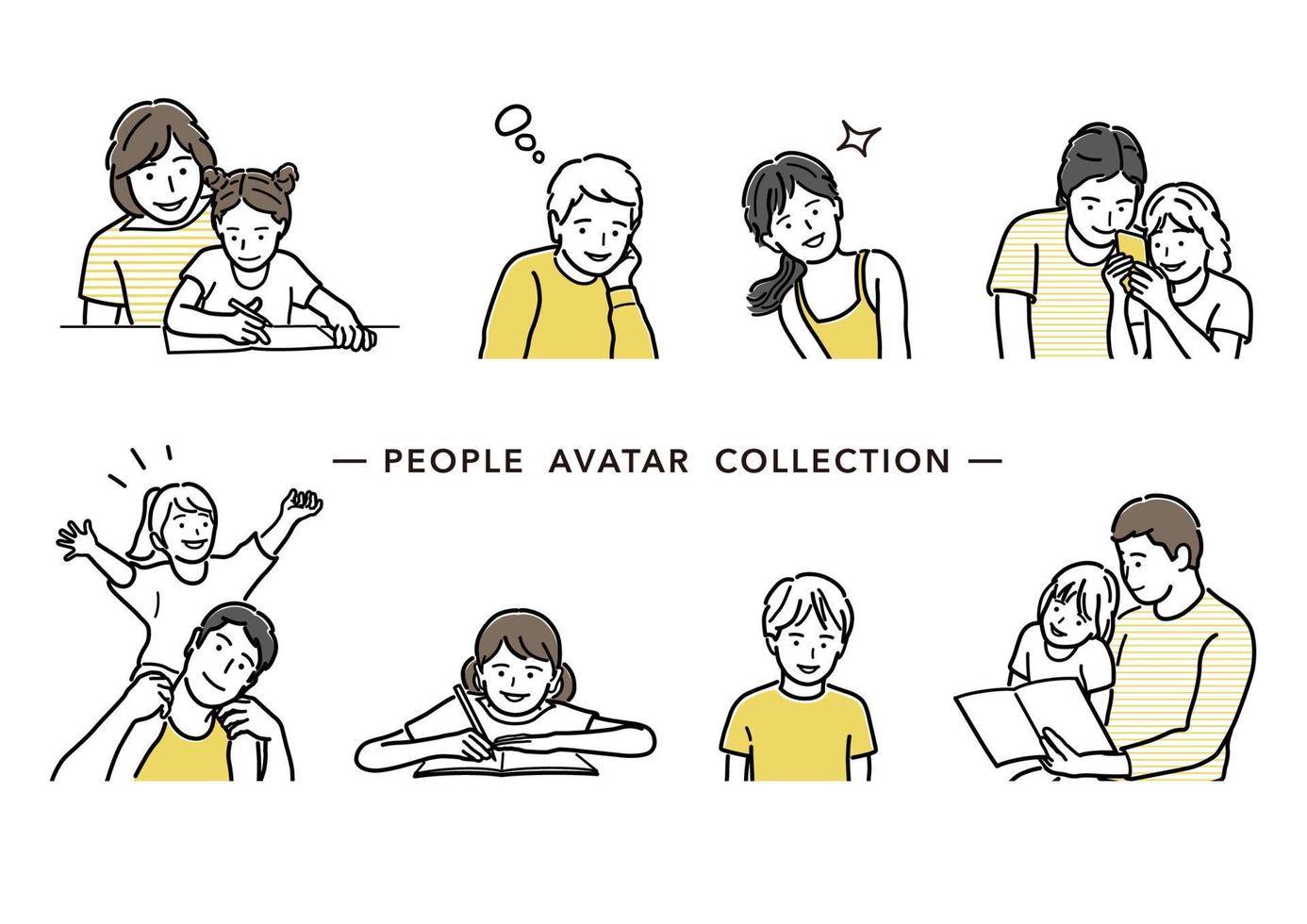 People Avatar Vector Line Drawing Collection. Set Of Parents And Children Simple Flat Illustration Isolated On A White Background.