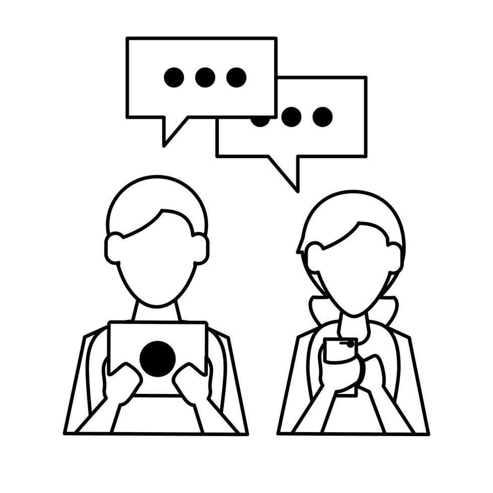 couple with cellphone and laptop vector