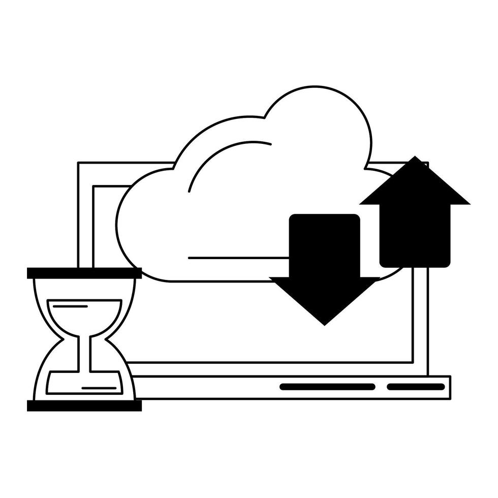 computadora con transferencia de nube y reloj de arena en blanco y negro vector