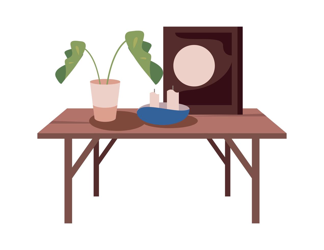 home table with plant candles and frame vector