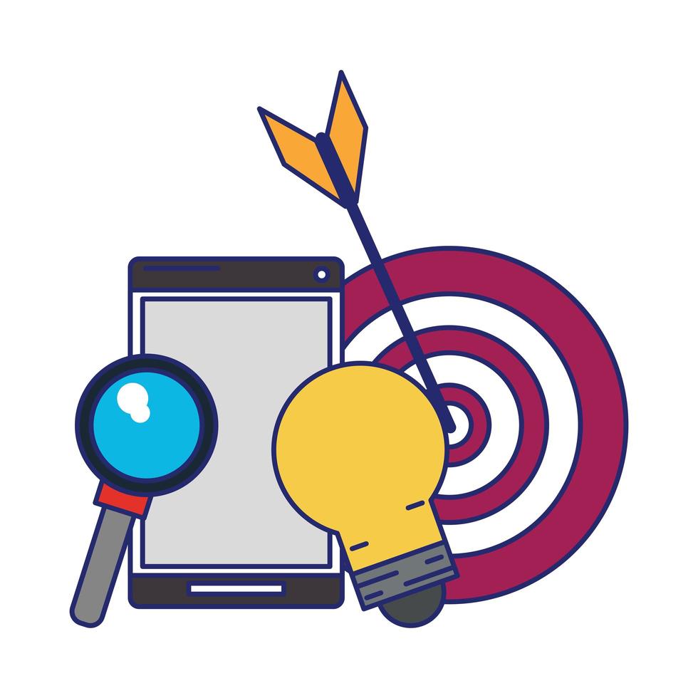 cellphone with light bulb magnifying glass and target blue lines vector