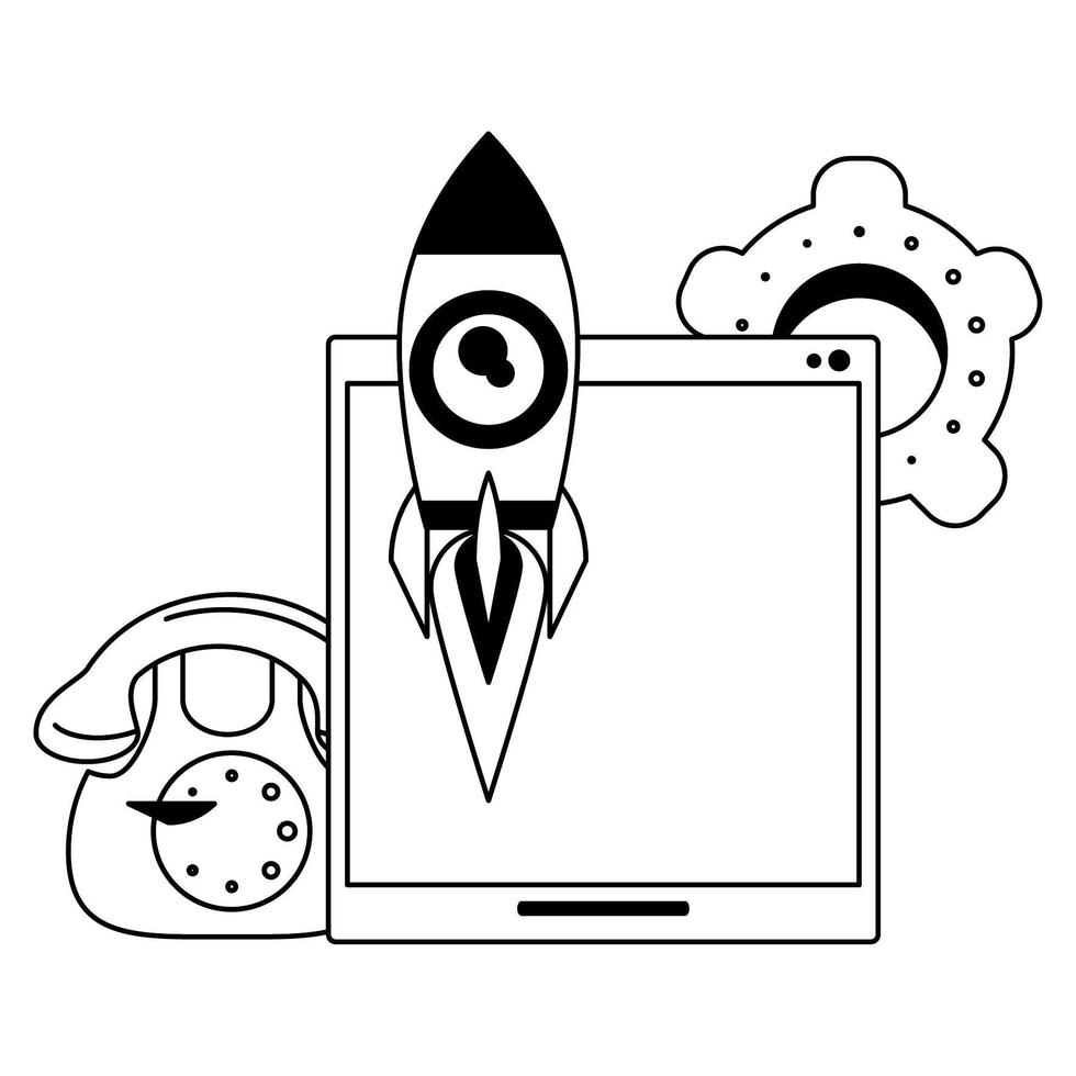 tablet with rocket telephone and gears in black and white vector