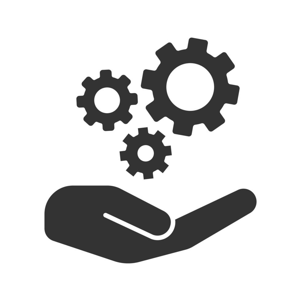 Open hand with cogwheels glyph icon. Technology progress. Silhouette symbol. Devices and machines care. Negative space. Vector isolated illustration