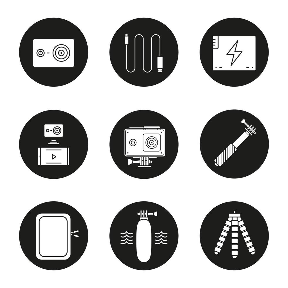 Action camera icons set. Sport cam, usb cable, battery, phone connection, waterproof case, selfie monopod stick, floating grip, box, tripod. Vector white silhouettes illustrations in black circles