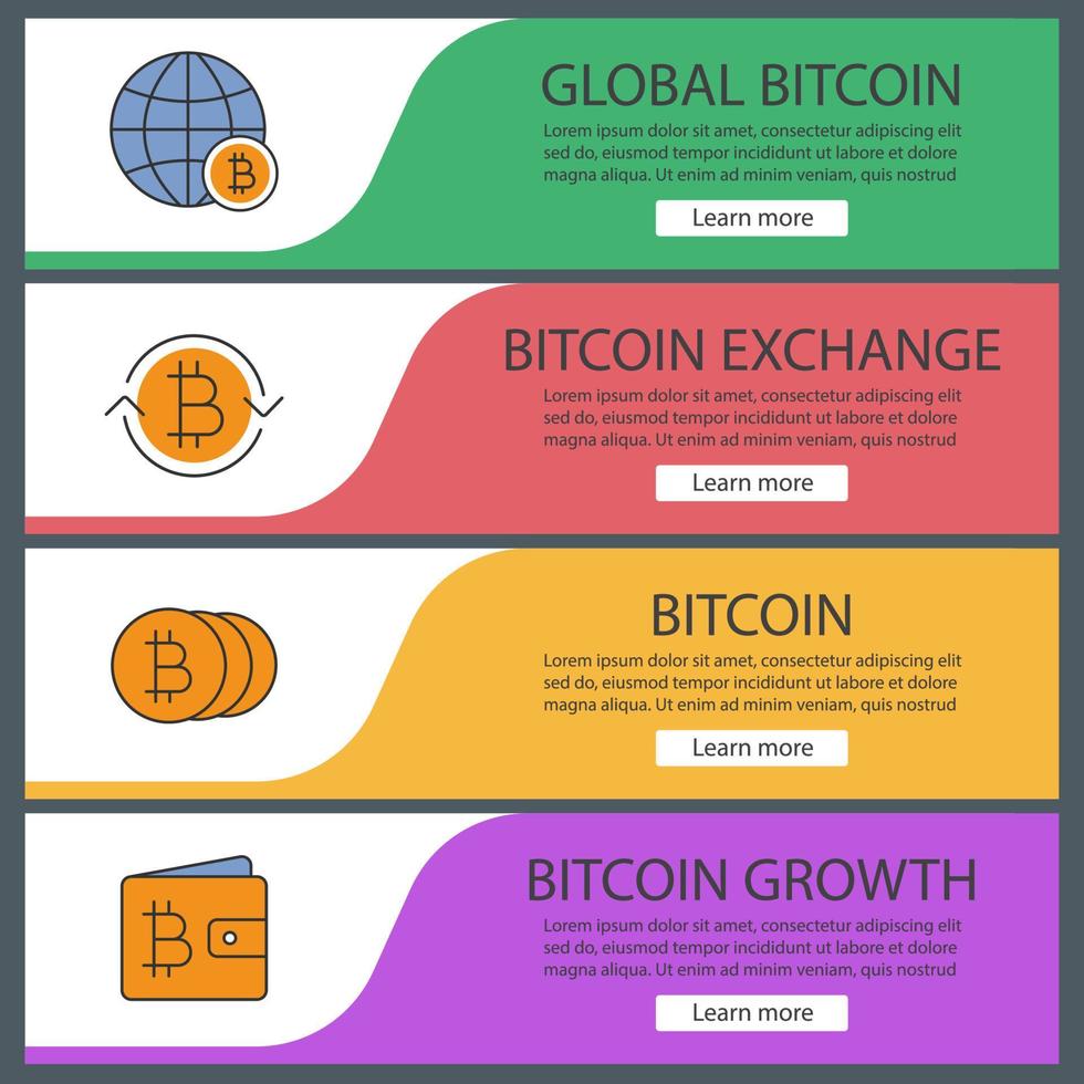 Bitcoin web banner templates set. Global bitcoin, wallet, exchange. Website color menu items. Vector headers design concepts