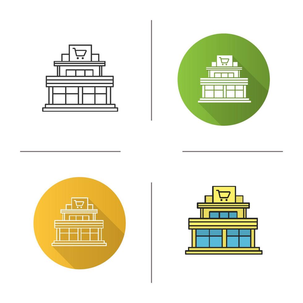 Shopping mall icon. Flat design, linear and color styles. Emporium. Isolated vector illustrations
