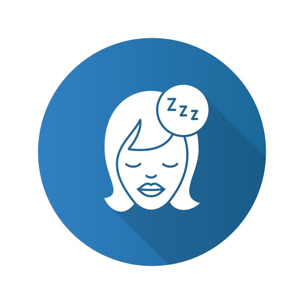 Sleeping woman flat design long shadow glyph icon. Woman's face with closed eyes and zzz symbol. Vector silhouette illustration