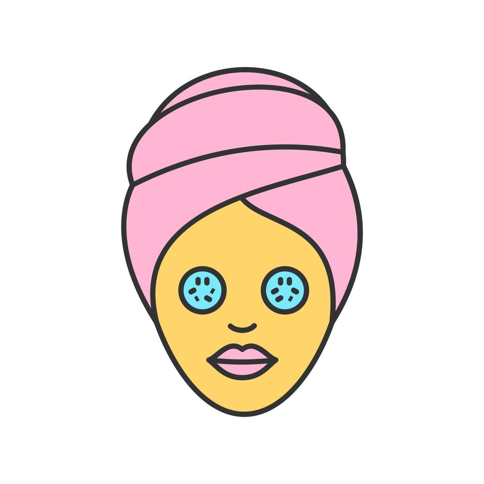 Spa procedure color icon. Woman with cucumber facial mask. Isolated vector illustration