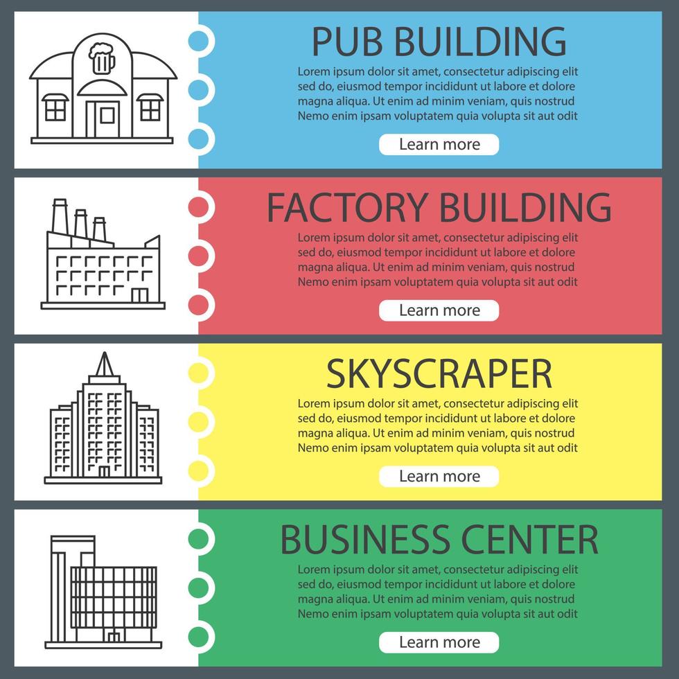 City buildings web banner templates set. Skyscraper, pub, factory, business center. Website color menu items with linear icons. Vector headers design concepts