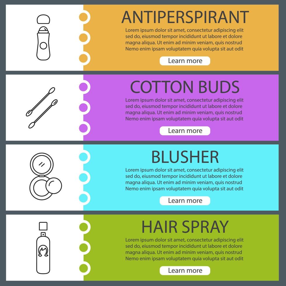 Cosmetics accessories web banner templates set. Roll antiperspirant, earsticks, blusher, hair spray. Website color menu items with linear icons. Vector headers design concepts