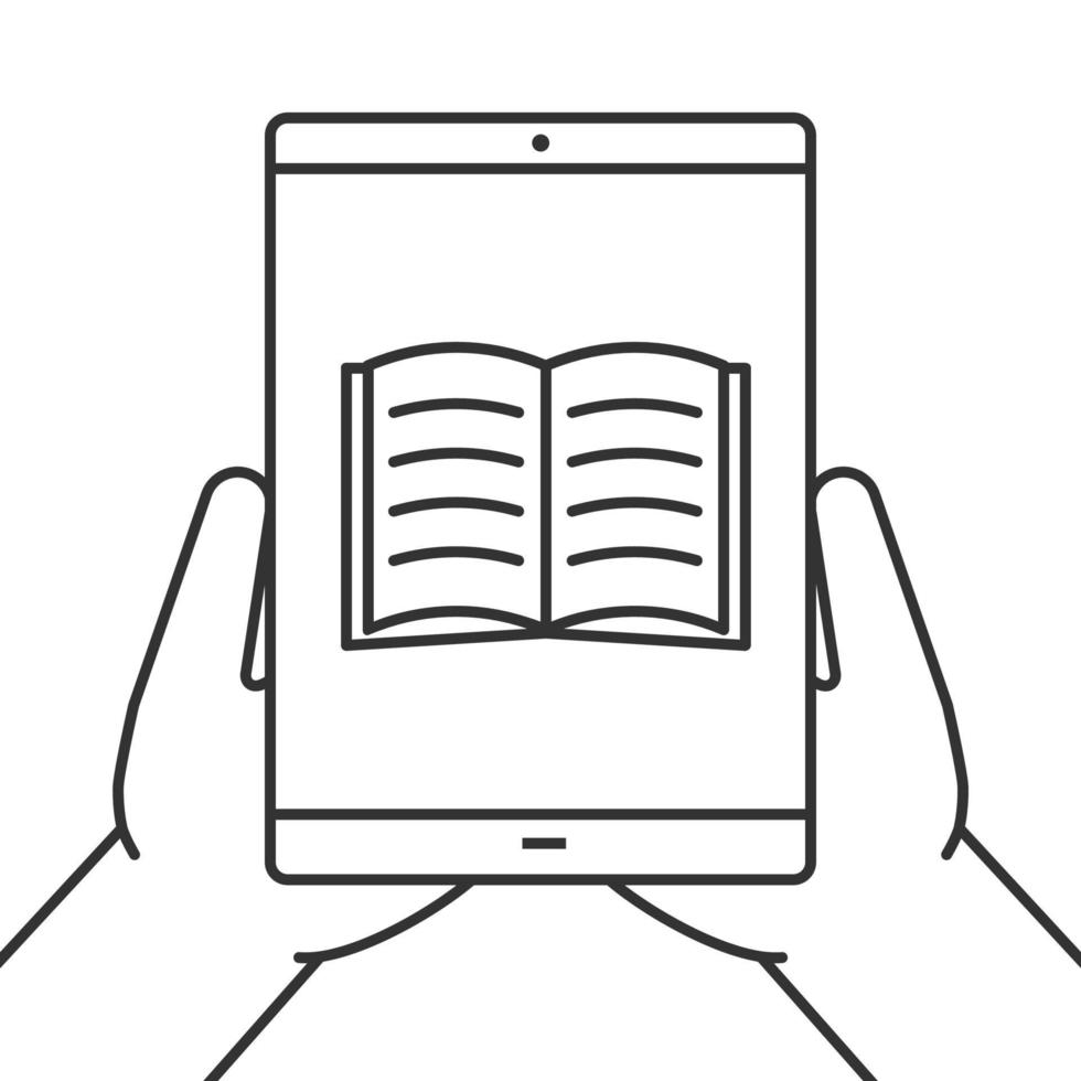 Hands holding tablet computer linear icon. Thin line illustration. Tablet computer with open book. Contour symbol. Vector isolated outline drawing