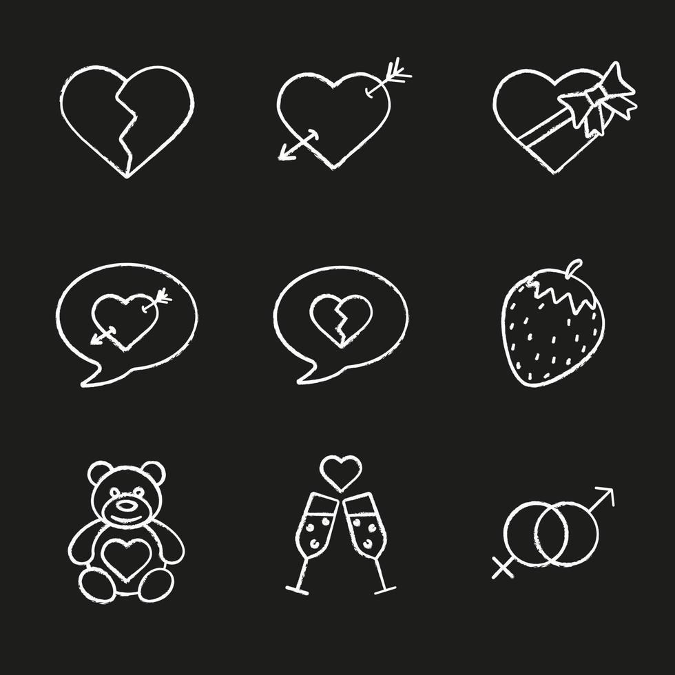 Conjunto de iconos de tiza de San Valentín. desamor, mensajes de amor, sexo y símbolos eróticos, champagne, osito de peluche, corazón perforante de flecha, caja de dulces. ilustraciones de pizarra vector aislado