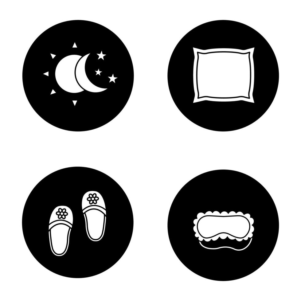 conjunto de iconos de glifo de accesorios para dormir. antifaz para dormir, pantuflas, sol y luna con estrellas, almohada. ilustraciones de siluetas blancas vectoriales en círculos negros vector