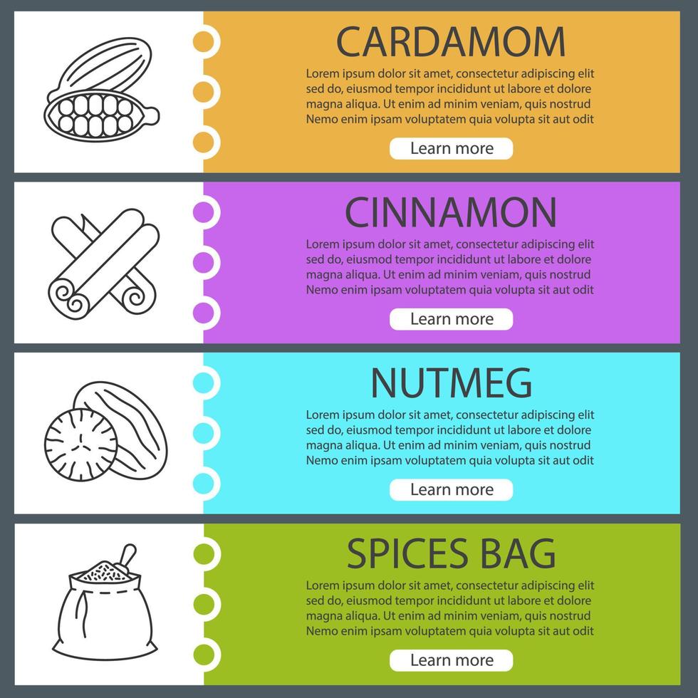 Spices web banner templates set. Cardamon, cinnamon, nutmeg, spices bag. Website color menu items with linear icons. Vector headers design concepts