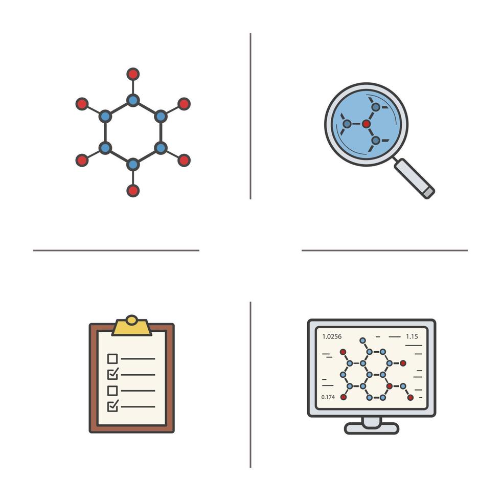 Science lab color icons set. Molecule, laboratory computer, molecular structure analysis, tests checklist. Isolated vector illustrations