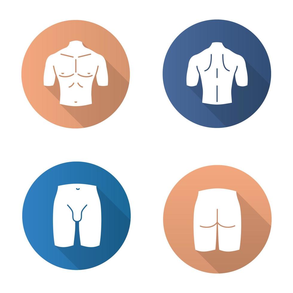 Conjunto de iconos de glifo de larga sombra de diseño plano de partes del cuerpo masculino. pecho musculoso, espalda, ingle, trasero. ilustración de silueta de vector