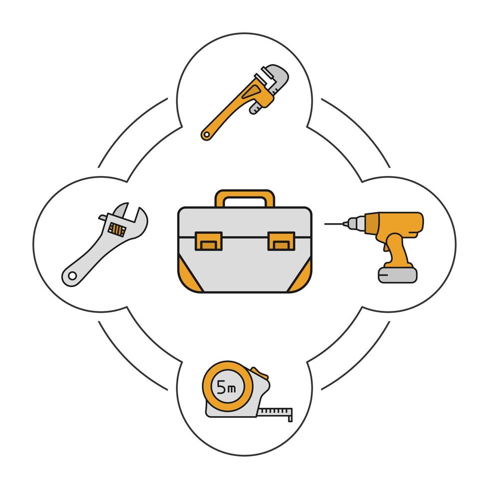 conjunto de iconos de colores de contenido de caja de herramientas. llaves inglesas y de media luna, cinta métrica, taladro inalámbrico. herramientas de construcción. ilustraciones vectoriales aisladas vector