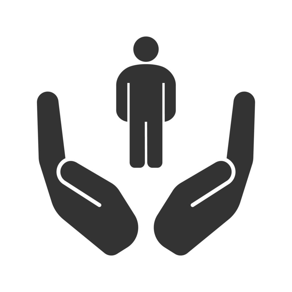 Open palms with human glyph icon. Silhouette symbol. Taking care of people. Negative space. Vector isolated illustration