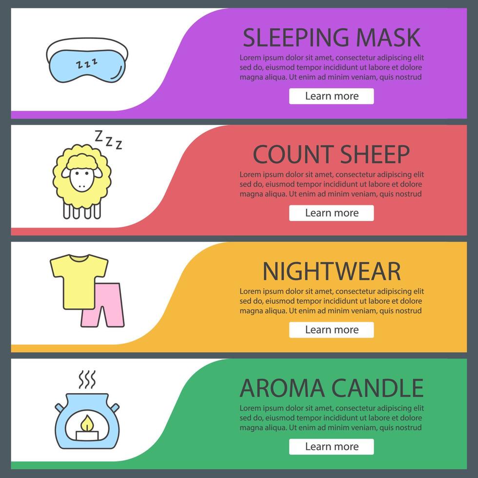 Sleeping accessories web banner templates set. Sheep, sleeping mask, pajamas, aroma candle. Website color menu items. Vector headers design concepts
