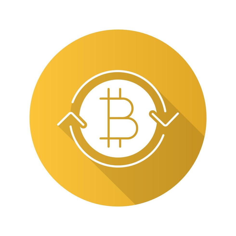 Icono de glifo de larga sombra de diseño plano de intercambio de bitcoin. Reembolso de criptomonedas. ilustración de silueta de vector