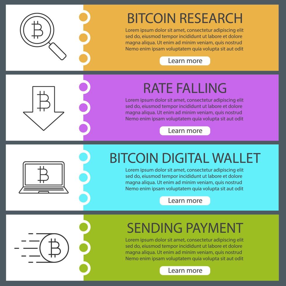 Bitcoin web banner templates set. Bitcoin searching, rate falling, digital wallet, sending payment. Website color menu items with linear icons. Vector headers design concepts